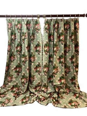 Lot 1420 - Two pairs of good quality Pierre Frey curtains with pelmets. Tasselled braid down one side of curtains and on pelmets. Fabric Braquenie and Cie 1782 Napoleon III vert I. Lined 275cm. Gathered widt...