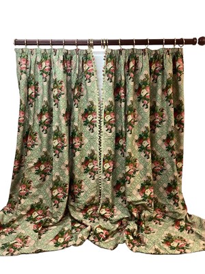 Lot 1420 - Two pairs of good quality Pierre Frey curtains with pelmets. Tasselled braid down one side of curtains and on pelmets. Fabric Braquenie and Cie 1782 Napoleon III vert I. Lined 275cm. Gathered widt...