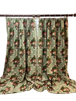 Lot 1420 - Two pairs of good quality Pierre Frey curtains with pelmets. Tasselled braid down one side of curtains and on pelmets. Fabric Braquenie and Cie 1782 Napoleon III vert I. Lined 275cm. Gathered widt...