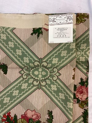 Lot 1420 - Two pairs of good quality Pierre Frey curtains with pelmets. Tasselled braid down one side of curtains and on pelmets. Fabric Braquenie and Cie 1782 Napoleon III vert I. Lined 275cm. Gathered widt...