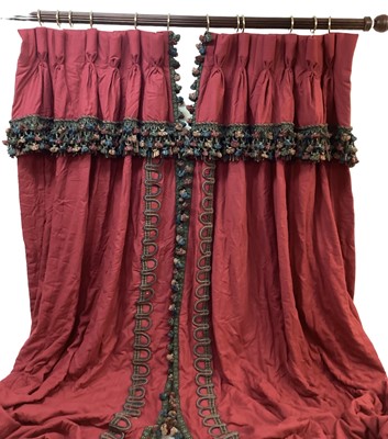 Lot 1421 - Three pairs of good quality Pierre Frey red wool curtains with tasselled braid and rope twist braid decoration and Goblet headings. Top width 97cm. Fabric width 200cm. Drop length 310cm. Three p...