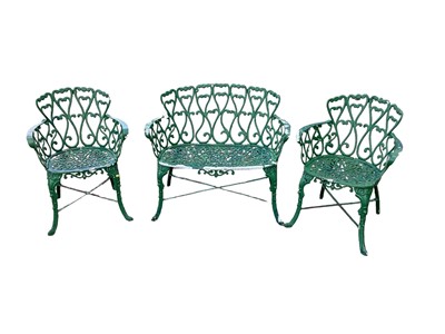 Lot 1345 - Green painted aluminium garden set comprising circular table, two seater chair and pair of chairs (4)