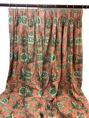 Lot 1422 - Two pairs of good quality Pierre Frey curtains. Terracotta and Green Toil de Jouy cotton fabric. Pinch pleat headings interlined and lined with blackout lining. Pair one- top width 131cm. Full w...