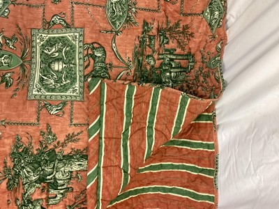 Lot 1422 - Two pairs of good quality Pierre Frey curtains. Terracotta and Green Toil de Jouy cotton fabric. Pinch pleat headings interlined and lined with blackout lining. Pair one- top width 131cm. Full w...