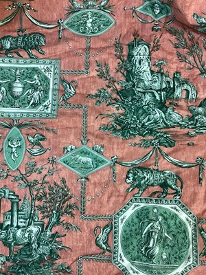 Lot 1422 - Two pairs of good quality Pierre Frey curtains. Terracotta and Green Toil de Jouy cotton fabric. Pinch pleat headings interlined and lined with blackout lining. Pair one- top width 131cm. Full w...