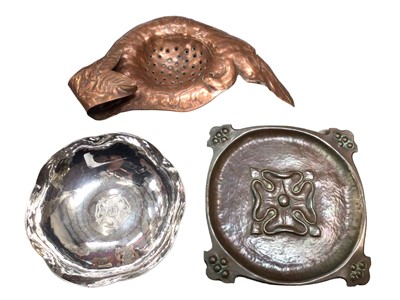 Lot 356 - Keswick School of Art silver plated hammered dish, signed, together with an Art Nouveau copper dish and a copper strainer (3)