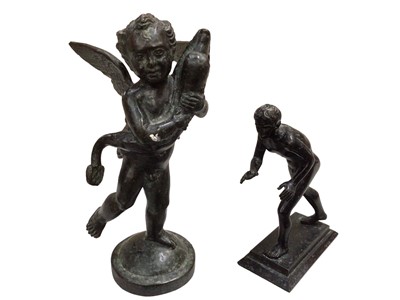 Lot 357 - Bronze figure of Cupid holding a classical dolphin, together with another small bronze male figure in a fighting stance (2)