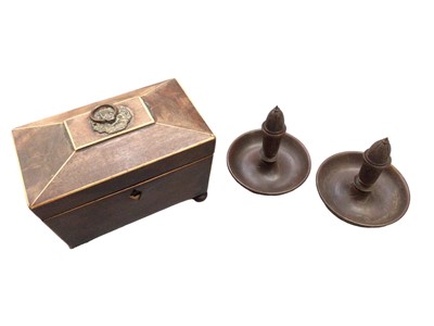 Lot 358 - Brighton bun carved wood candlesticks, together with a Victorian wooden tea caddy