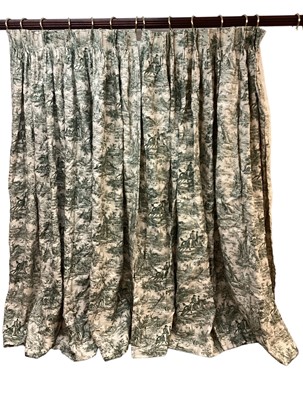 Lot 1424 - One pair of Pierre Frey green and cream cotto Toile de Jouy curtains with stag hunting pattern with pinch pleat headings, lined and interlined. Top width 90cm, full fabric width 264cm, drop leng...