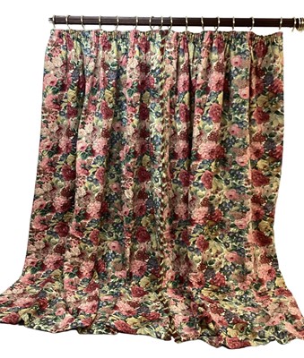 Lot 2156 - One pair of Pierre Frey curtains, multicoloured floral linen fabric with tasselled fringe lined and interlined. Together with a matching pleated pelmet with fringe decoration. Top width 92cm, fu...