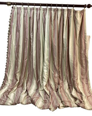 Lot 1426 - One pair of Pierre Frey very large pink and green striped curtains with tassel fringe decoration and matching pelmet