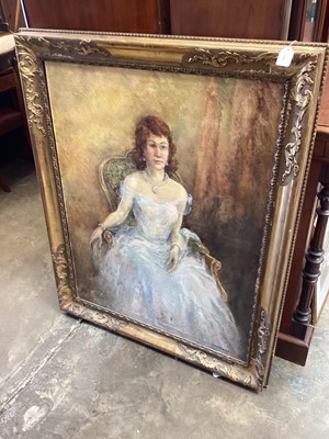 Lot 395 - M T Randall (20th century) oil on canvas, full length portrait of a woman in evening dress, signed, 100 x 77cm, in good 19th century gilt frame