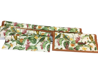 Lot 1428 - One pair of Pierre Frey curtains parrot and jungle pattern cotton fabric with orange and red check edging. Pinch pleat headings, lined and interlined. Top width 80cm, full fabric width 195cm, dr...