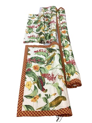 Lot 1428 - One pair of Pierre Frey curtains parrot and jungle pattern cotton fabric with orange and red check edging. Pinch pleat headings, lined and interlined. Top width 80cm, full fabric width 195cm, dr...