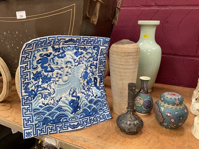 Lot 726 - Group of Oriental items, including two Japanese Totai cloisonné items, a Chinese rank badge, a celadon vase and an early earthenware vase, together with an Indian Bidri ware vase