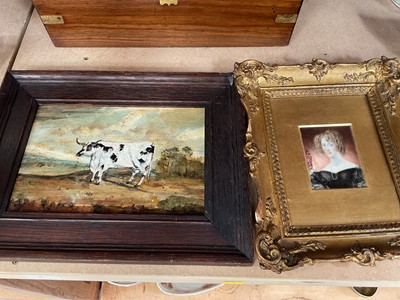 Lot 733 - 19th century portrait miniature on ivory of a woman (APHA Ref: 9RRJN8V2), together with a naive oil painting of a cow (2)