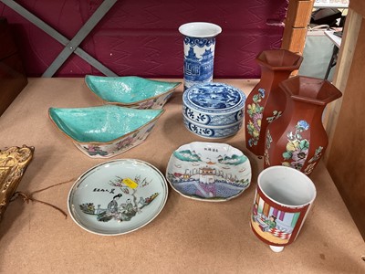 Lot 734 - Group of 19th century and later Chinese ceramics, including a pair of Yixing vases, a blue and white sleeve vase, etc