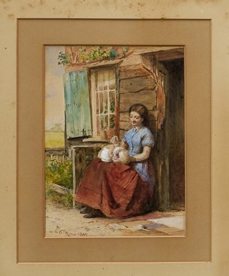 Lot 73 - George Goodwin Kilburne (1839-1924) watercolour - Mother and Baby, initialled and dated 1867, 18.5cm x 13cm, in glazed gilt frame