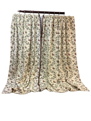 Lot 1436 - One pair of Pierre Frey papillon bleu curtains with tassel fringe down one side, lined and interlined, gathered top. Top width 100cm, full fabric width 200cm, drop length 270cm.