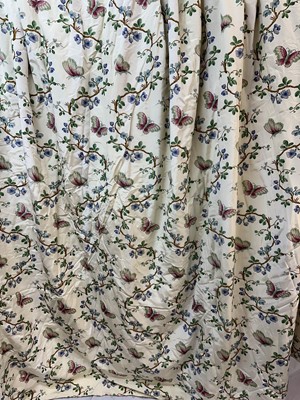 Lot 1437 - One very large pair of Pierre Frey Papillon Bleu curtains with pelmet, lined and interlined, gathered top width 236cm, full fabric width 486cm, drop length 266cm. Pelmet 313cm wide, 50cm drop, 19...