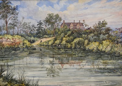 Lot 53 - English School, early 20th century, watercolour - View of Hemsworth Hospital, Holgate, Yorkshire, inscribed and signed with initials J.A.A, 34.5cm x 49.5cm, in glazed frame