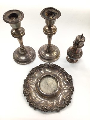 Lot 1046 - Pair of silver candlesticks, silver castor and a Georgian silver stand/base