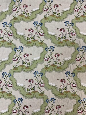 Lot 1446 - Beaumarchais Ivoire floral fabric part roll, pink and blue floral sprays on green and off cream ground, 141cm wide