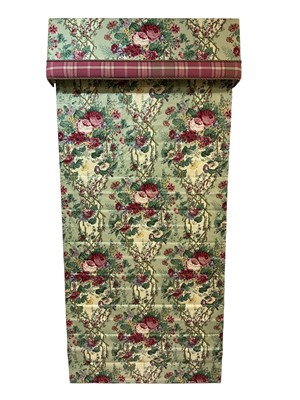 Lot 1451 - Green and rose pattern Roman blind, 105cm wide, 227cm drop length with matching pelmet, 108cm wide, 36cm drop, 10cm deep. Purple and white Roman blind 105cm wide, 216cm drop length with matching...