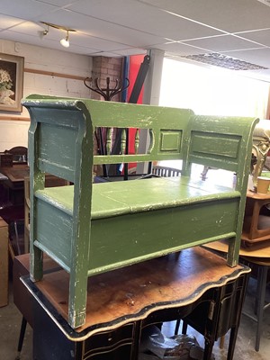 Lot 1347 - Green painted hall bench with rising lid to seat, 116cm wide, 91.5cm high, 51cm deep