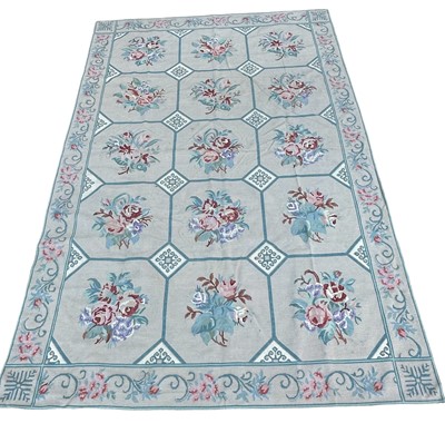 Lot 1453 - Good quality Aubusson style needlepoint rug grey background with turquoise blue detail and rose pattern decoration, 260cm long x 180cm wide