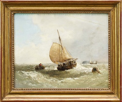 Lot 1059 - James Webb (1825-1895) oil on canvas - Vessels off the Coast, signed, 23cm x 29cm, in gilt frame Provenance: P. Polak, King Street, St. James's