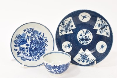 Lot 144 - Worcester toy tea bowl and saucer, circa 1780, printed in blue with the Fence pattern, and a Worcester powder blue saucer (3)