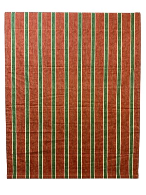 Lot 2159 - Pierre Frey coral and green striped roller blinds. Width 108cm, drop length 185cm. Two more matching blinds at 70cm wide, 185cm drop length (3)