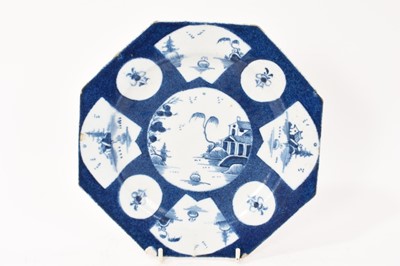 Lot 147 - Bow octagonal powder blue plate, late 18th century, decorated in the Chinese style, 19.25cm wide