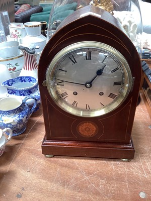 Lot 531 - Edwardian mantel clock in inlaid mahogany case.