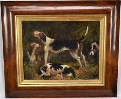 Lot 1014 - English School oil on panel, studies of hounds, 22.5cm x 28cm, in rosewood and gilt frame