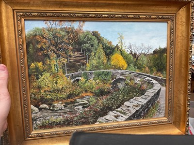 Lot 538 - Oil on board study of Rhosywalia Bridge, in gilt frame.