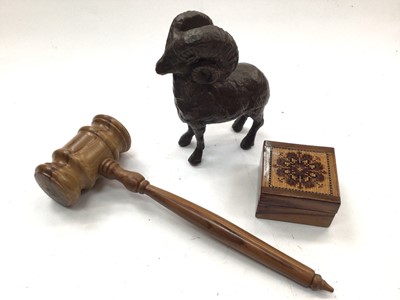 Lot 362 - Bronze sculpture of a ram, olive wood gavel and tumbridge ware trinket box (3)