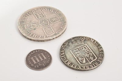 Lot 422 - G.B. - Mixed silver coins to include James II Four Pence 1687-6 VG-F, William & Mary Half Crown 1689 (N.B. Rev. scratches) otherwise VG-AF and William III Crown 1696 VG-AF (3 coins)