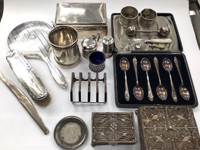 Lot 1061 - Group of silver items including cigar box, dressing table items, three piece cruet set, napkin rings, set of six teaspoons in fitted case etc