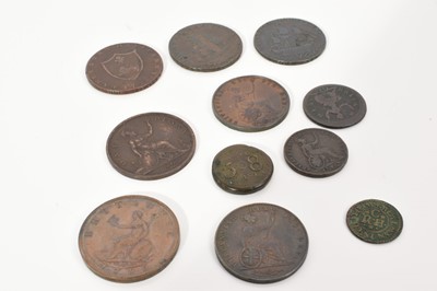 Lot 431 - G.B. - Mixed copper coins to include George III Half Penny 1799 (N.B. 5 incuse gunports) EF, George IV half penny 1827 GVF, 18th century Liverpool trades tokens x 3, 17th century brass trade token,...