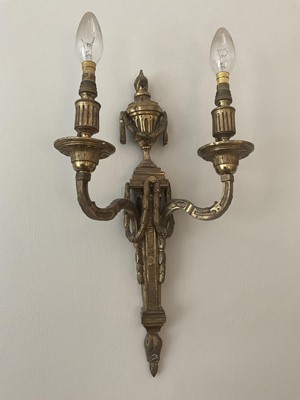 Lot 1365 - Pair of good quality George III style ormolu two branch wall lights with classical urn and swags