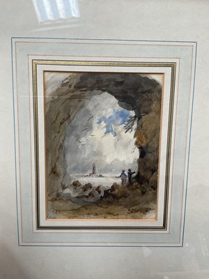 Lot 739 - Attributed to Thomas Salt Jr, view through a seashore archway to a lighthouse, watercolour, indistinctly signed, framed, 14cm x 10.5cm