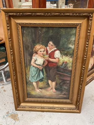 Lot 740 - English School oil, boy giving a girl a drink, framed, 40cm x 24cm