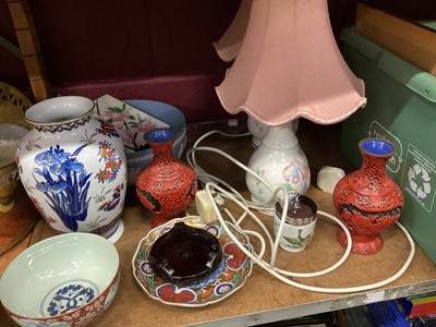 Lot 689 - Box of china and other items including a pair of Aynsley lamps, pierced Chinese vases & Wedgwood bowl