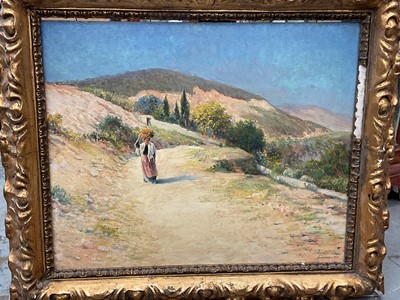 Lot 743 - Jules Francoise Achille Ambrose, oil on panel, lady on a hillside track, signed and dated (Christies number verso), framed, 45cm x 37cm