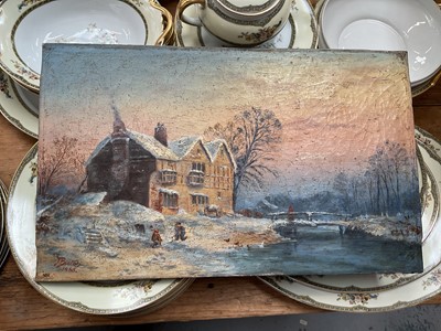 Lot 745 - Oil on canvas of a snow-covered house with children playing, signed J. Barton 1885, 46cm x 28cm