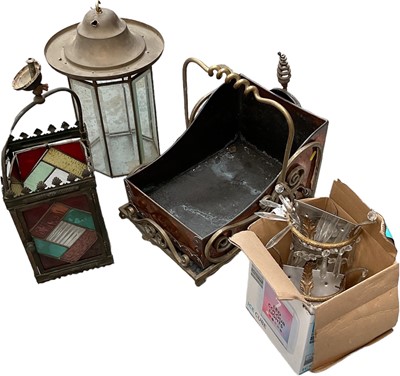 Lot 752 - Antique copper and brass coal scuttle, two lanterns and two wall lights with cut glass drops