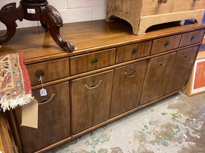 Lot 1374 - Walnut sideboard with military style flush brass handles, 168cm wide, 49cm deep, 78.5cm high, together with a similar dining table, 156cm x 94cm