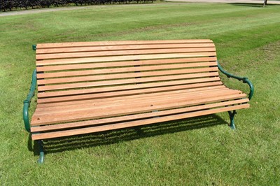 Lot 1343 - Victorian cast iron bench, green painted with recently refurbished teak slats, 180cm wide